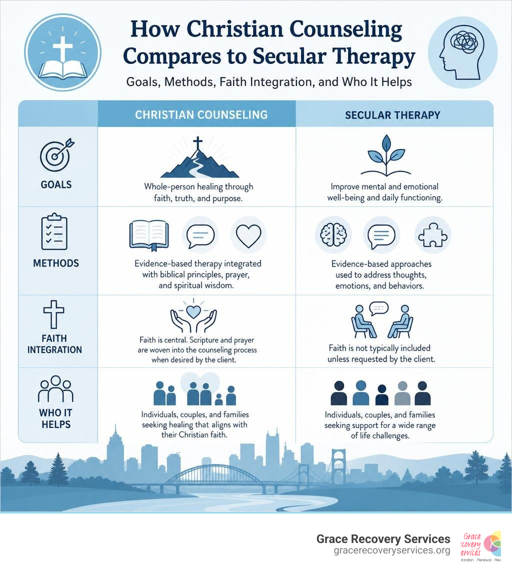 How Christian counseling compares to secular therapy: goals, methods, faith integration, and who it helps infographic