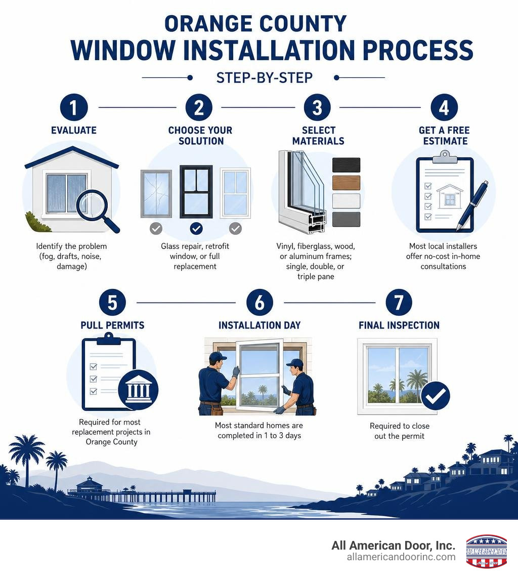 Step-by-step Orange County window installation process from evaluation to final inspection infographic Step-by-step Orange County window installation process from evaluation to final inspection infographic