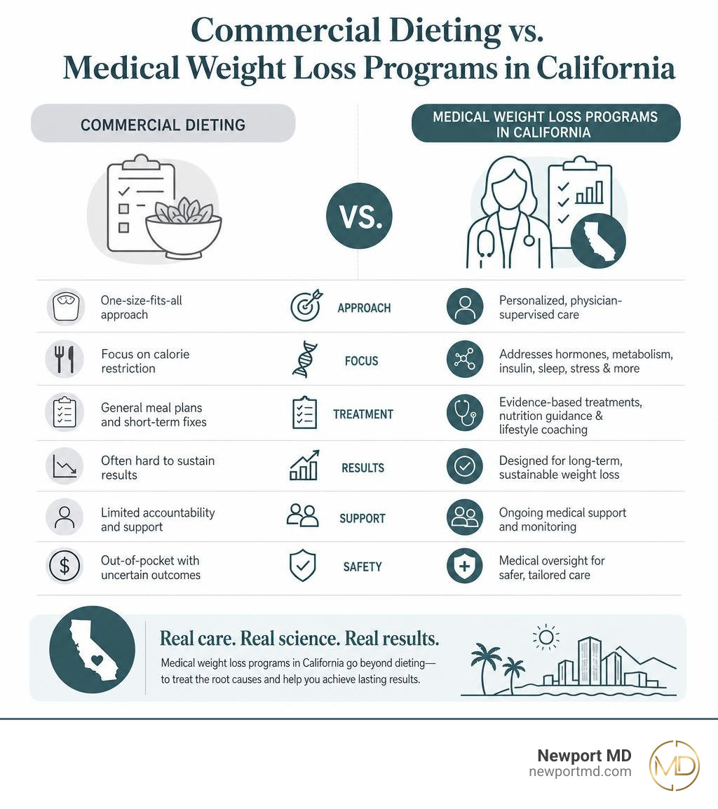 Infographic comparing commercial dieting vs. medical weight loss programs in California infographic Infographic comparing commercial dieting vs. medical weight loss programs in California infographic