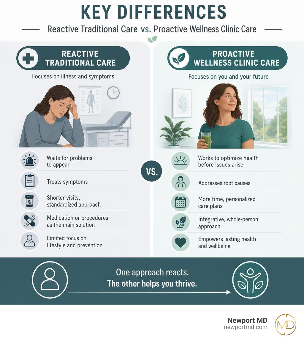 Key differences between reactive traditional care and proactive wellness clinic care infographic