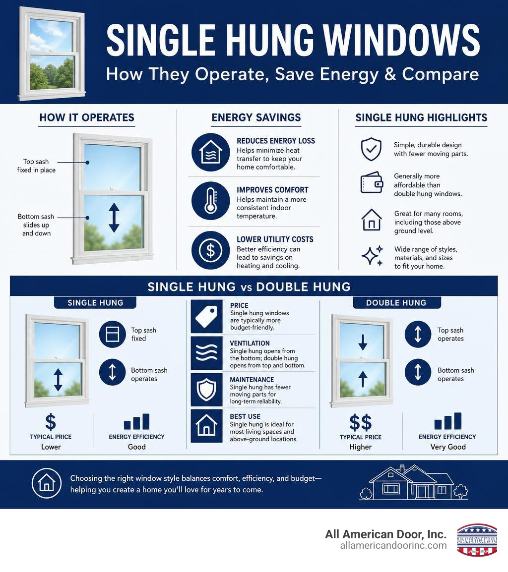 How single hung windows operate, save energy, and compare to double hung windows by price and efficiency infographic How single hung windows operate, save energy, and compare to double hung windows by price and efficiency infographic