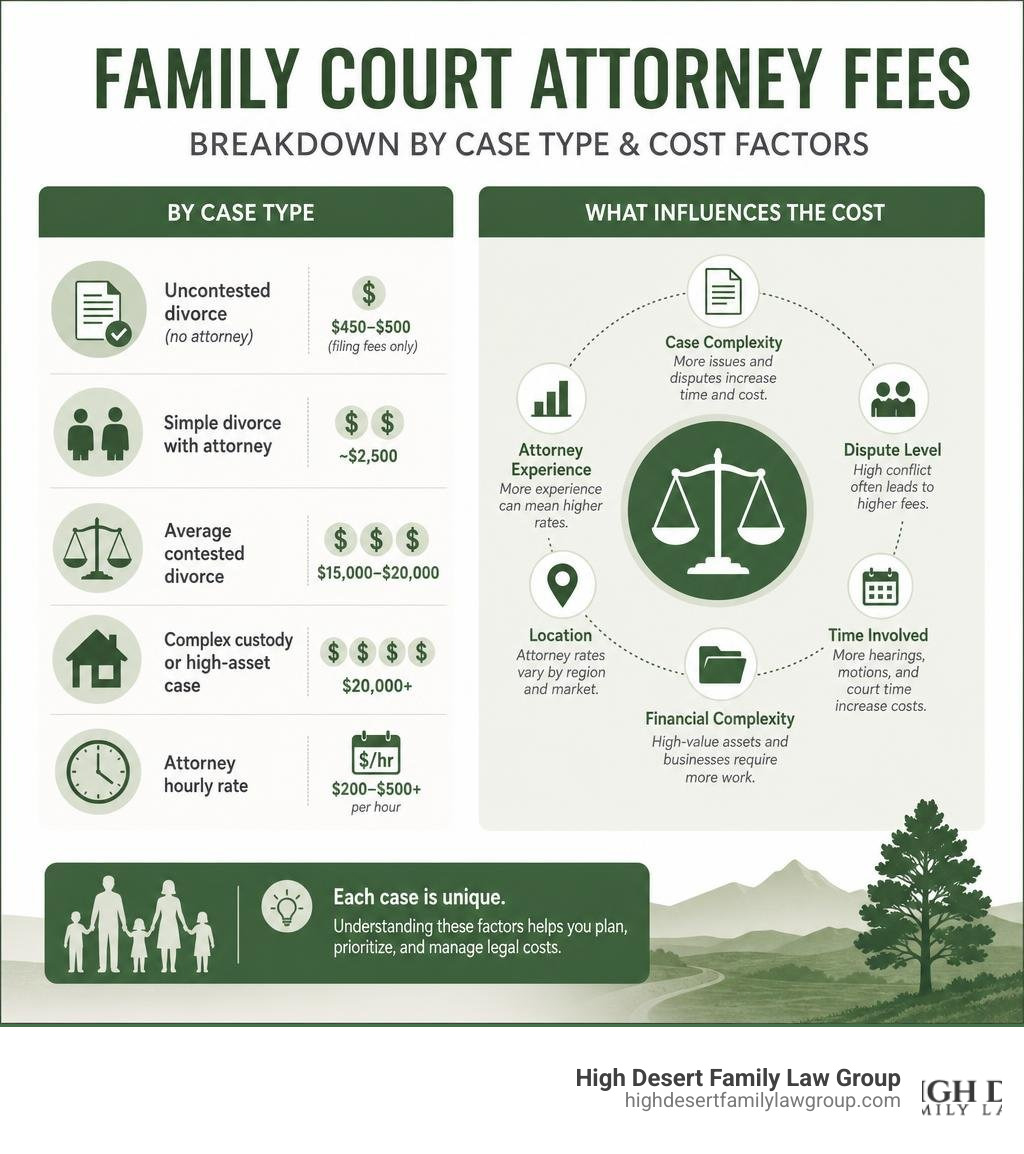 Breakdown of family court attorney fees by case type and cost factors infographic Breakdown of family court attorney fees by case type and cost factors infographic