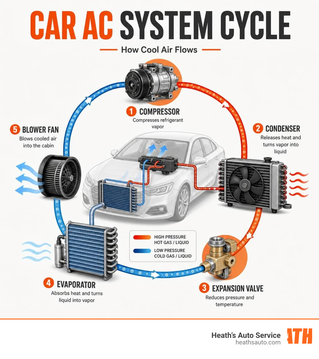 Infographic showing the car AC system cycle: compressor, condenser, expansion valve, evaporator, blower fan, and refrigerant