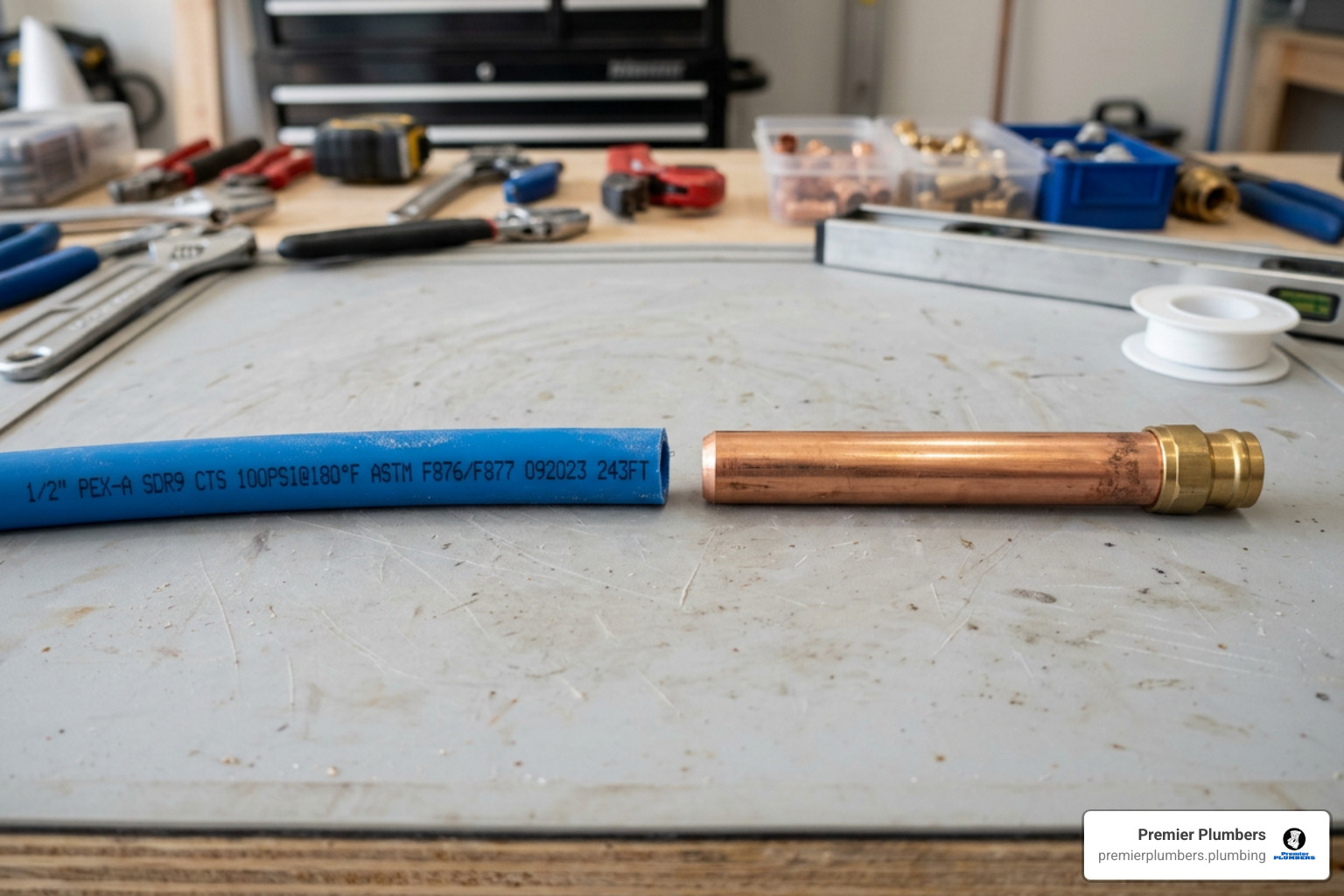 PEX and copper pipes side by side