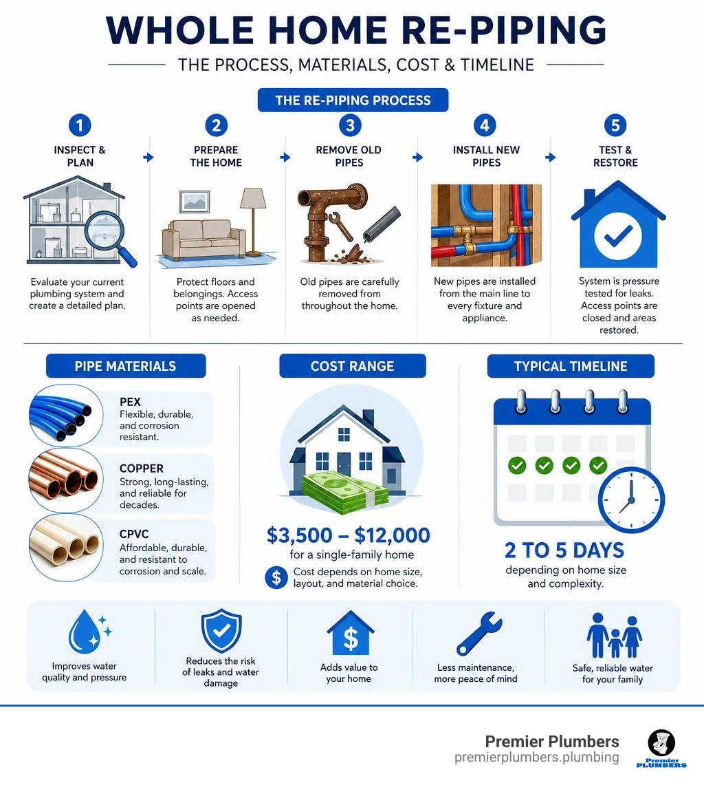 Infographic showing the whole home repiping process steps, materials, cost range, and timeline infographic