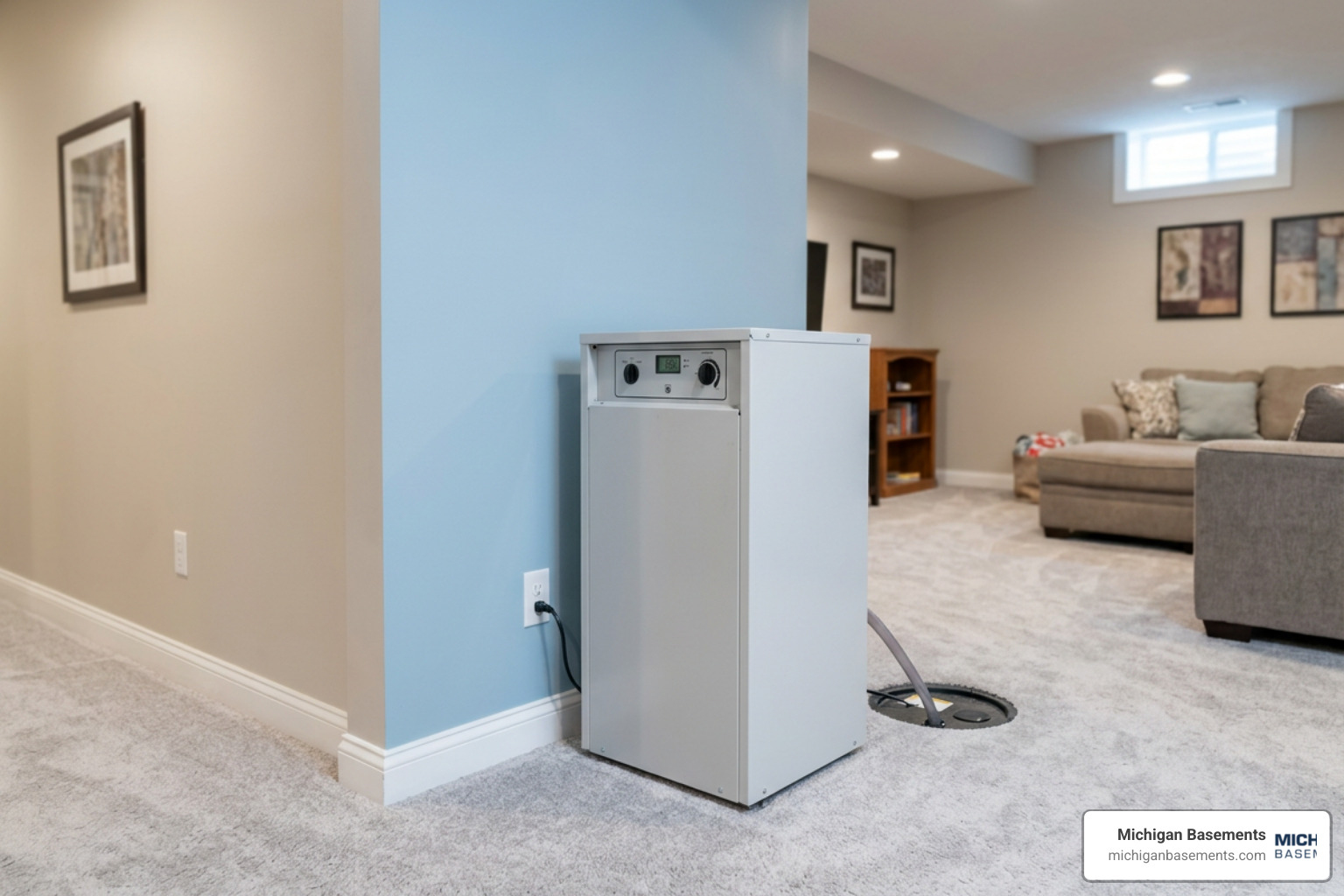 high capacity professional basement dehumidifier unit installed in a finished Novi MI basement
