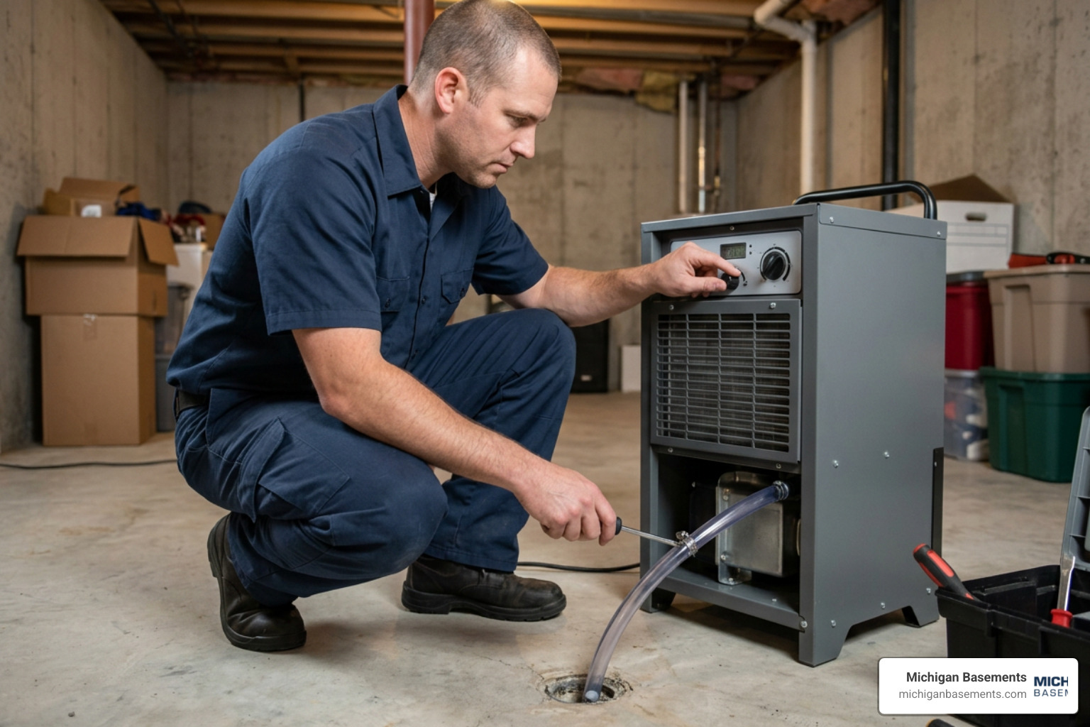 certified technician installing and calibrating a professional basement dehumidifier
