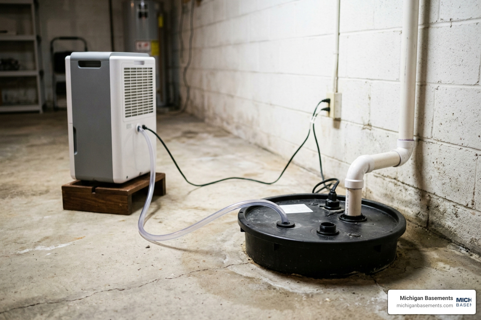 dehumidifier drainage line integrated directly into a sump pump basin in a Novi home