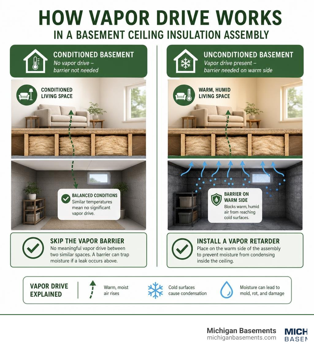 How vapor drive works in a basement ceiling insulation assembly — conditioned vs. unconditioned scenarios infographic