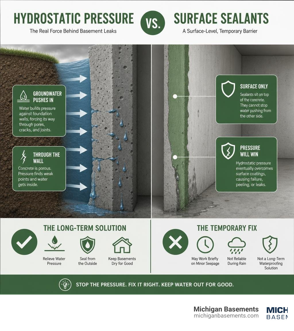 hydrostatic pressure vs surface sealants on basement wall — infographic comparison infographic