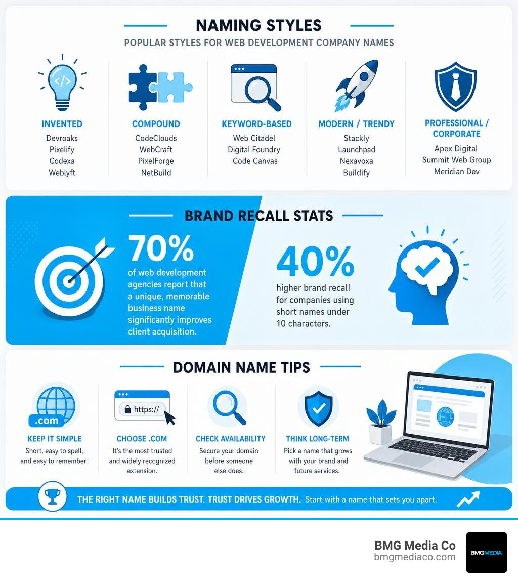 Infographic showing naming styles, brand recall stats, and domain tips for web development companies infographic