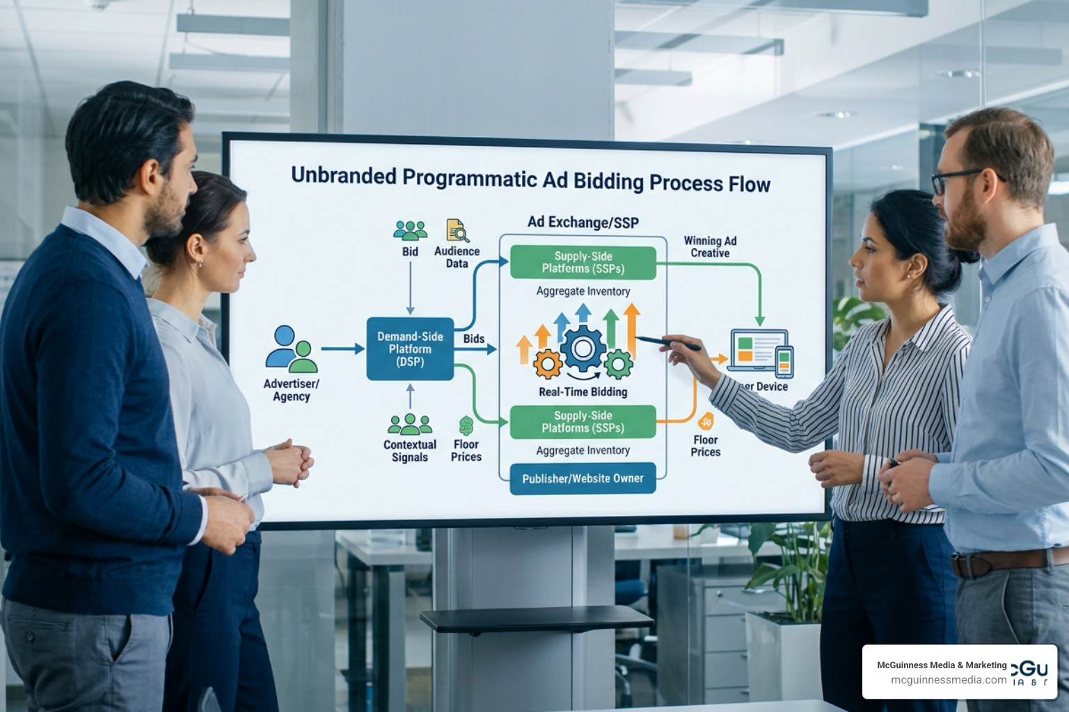 A detailed programmatic ad bidding process flow showing DSPs, SSPs, and real-time bidding A detailed programmatic ad bidding process flow showing DSPs, SSPs, and real-time bidding