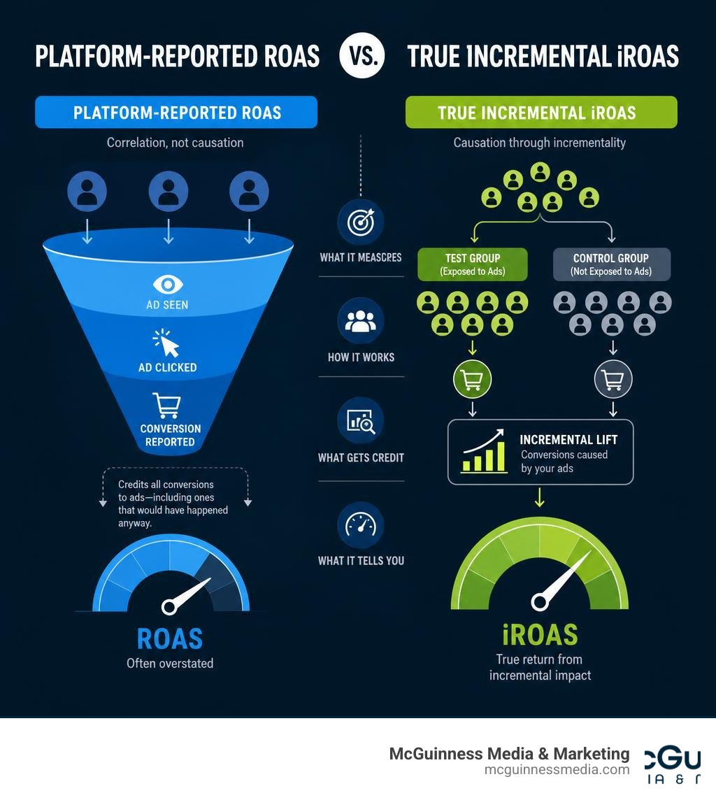 A comparative chart of platform-reported ROAS versus true incremental iROAS infographic A comparative chart of platform-reported ROAS versus true incremental iROAS infographic