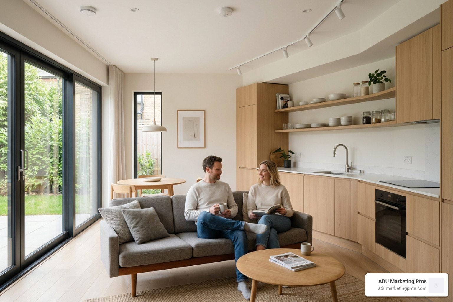 Bright, modern open-plan kitchen and living room inside a 60 sqm secondary dwelling Bright, modern open-plan kitchen and living room inside a 60 sqm secondary dwelling