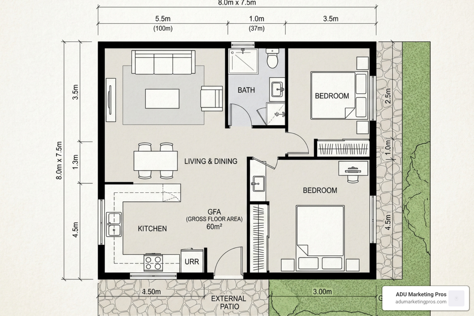 60 sqm granny flat floor plan highlighting internal versus external spaces 60 sqm granny flat floor plan highlighting internal versus external spaces