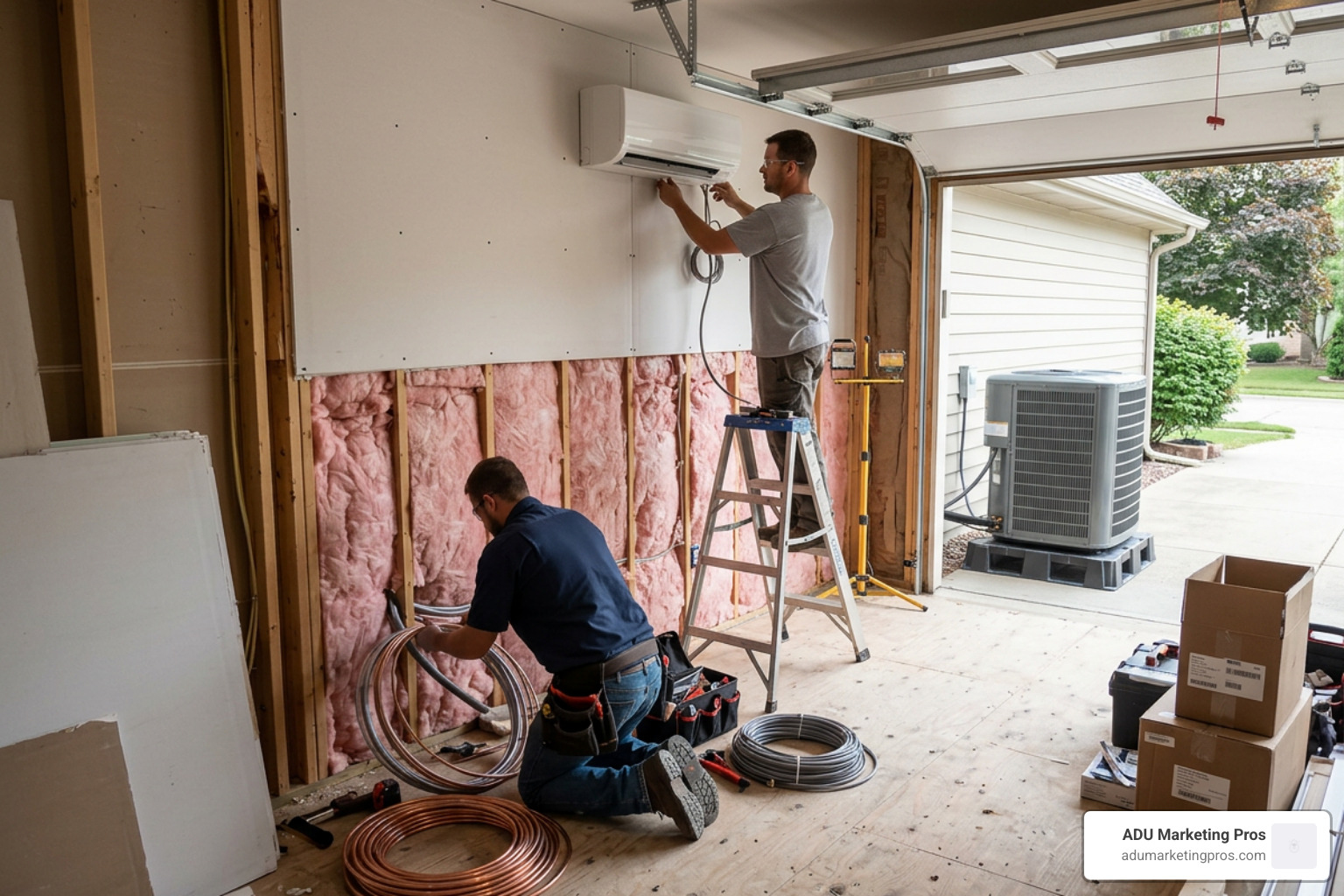 contractors installing a mini-split HVAC system and wall insulation in a garage conversion