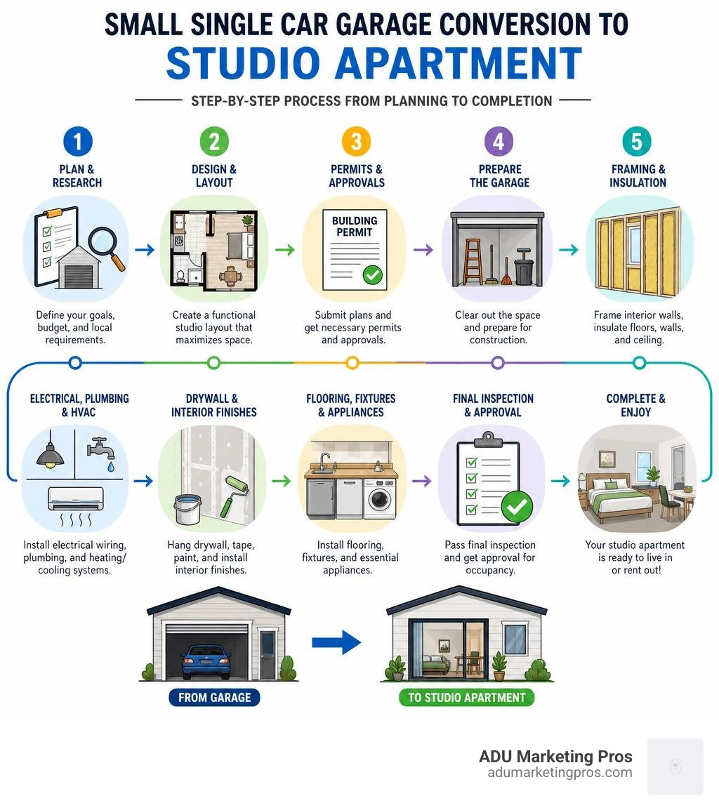 Step-by-step infographic of small single car garage conversion to studio apartment process from planning to completion