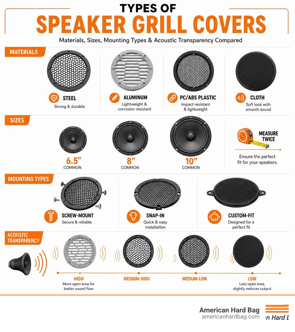 Types of speaker grill covers: materials, sizes, mounting types, and acoustic transparency compared infographic