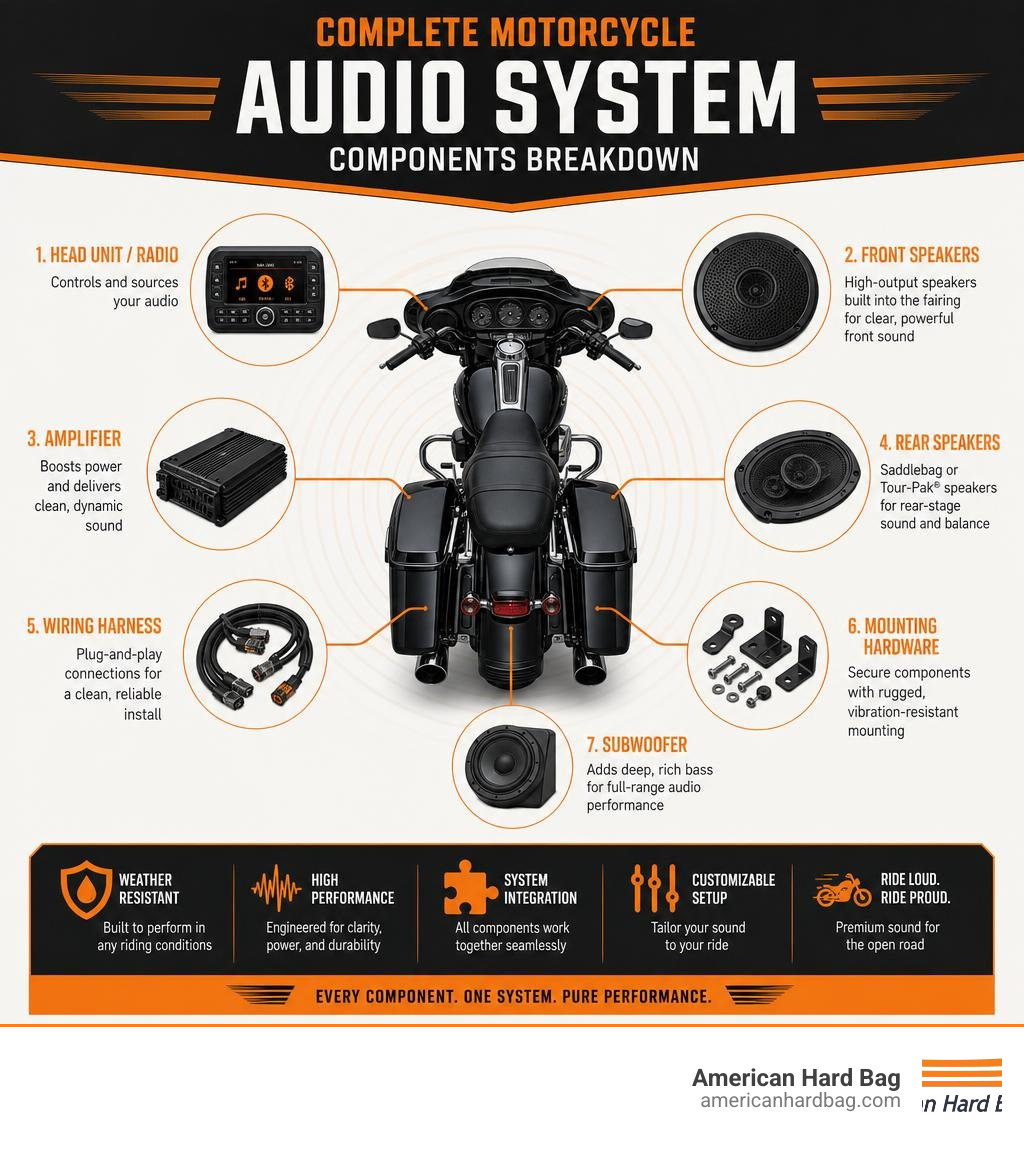 Complete motorcycle audio system components breakdown infographic infographic
