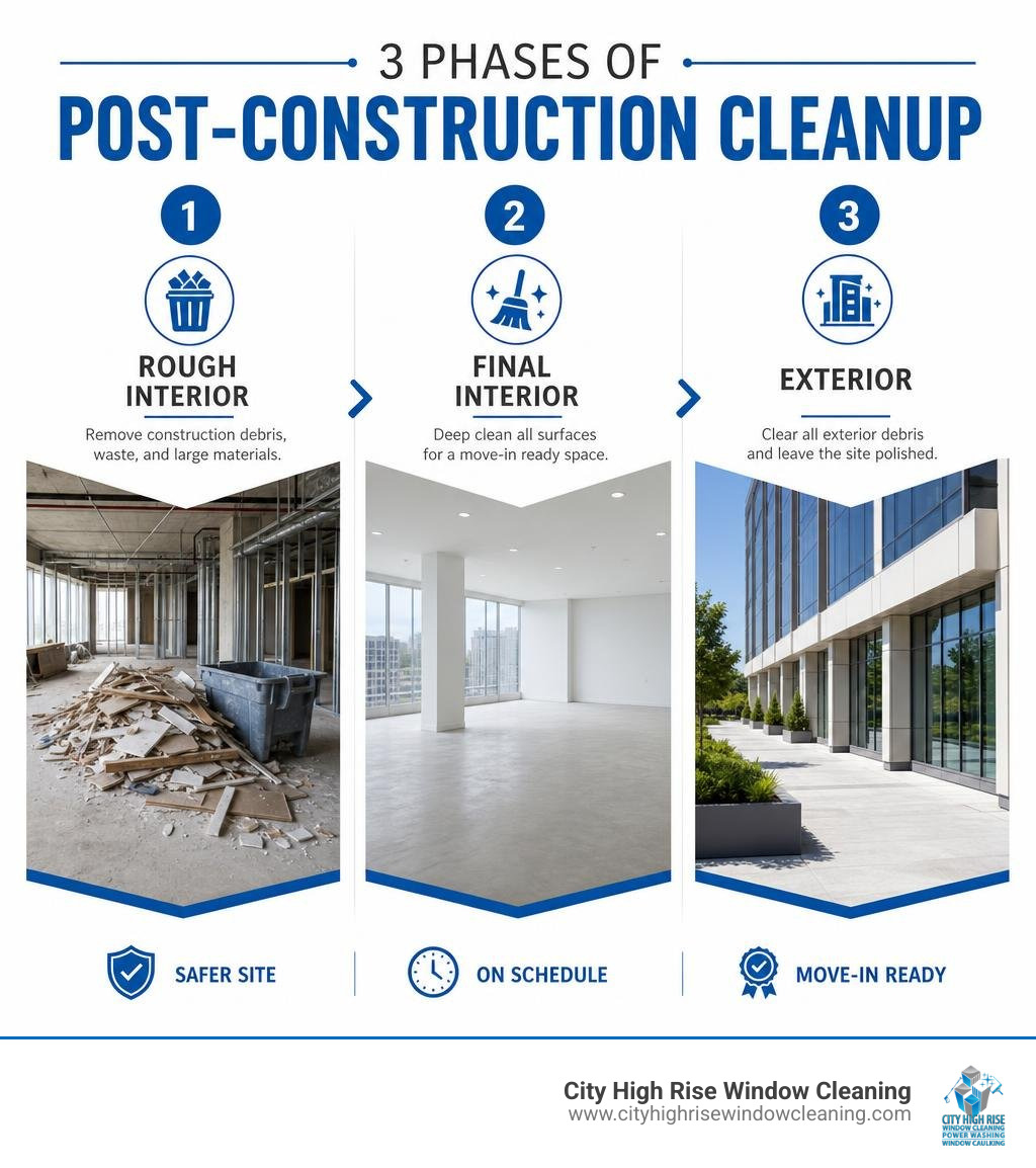 Infographic showing 3 phases of post-construction cleanup: rough interior, final interior, and exterior infographic Infographic showing 3 phases of post-construction cleanup: rough interior, final interior, and exterior infographic
