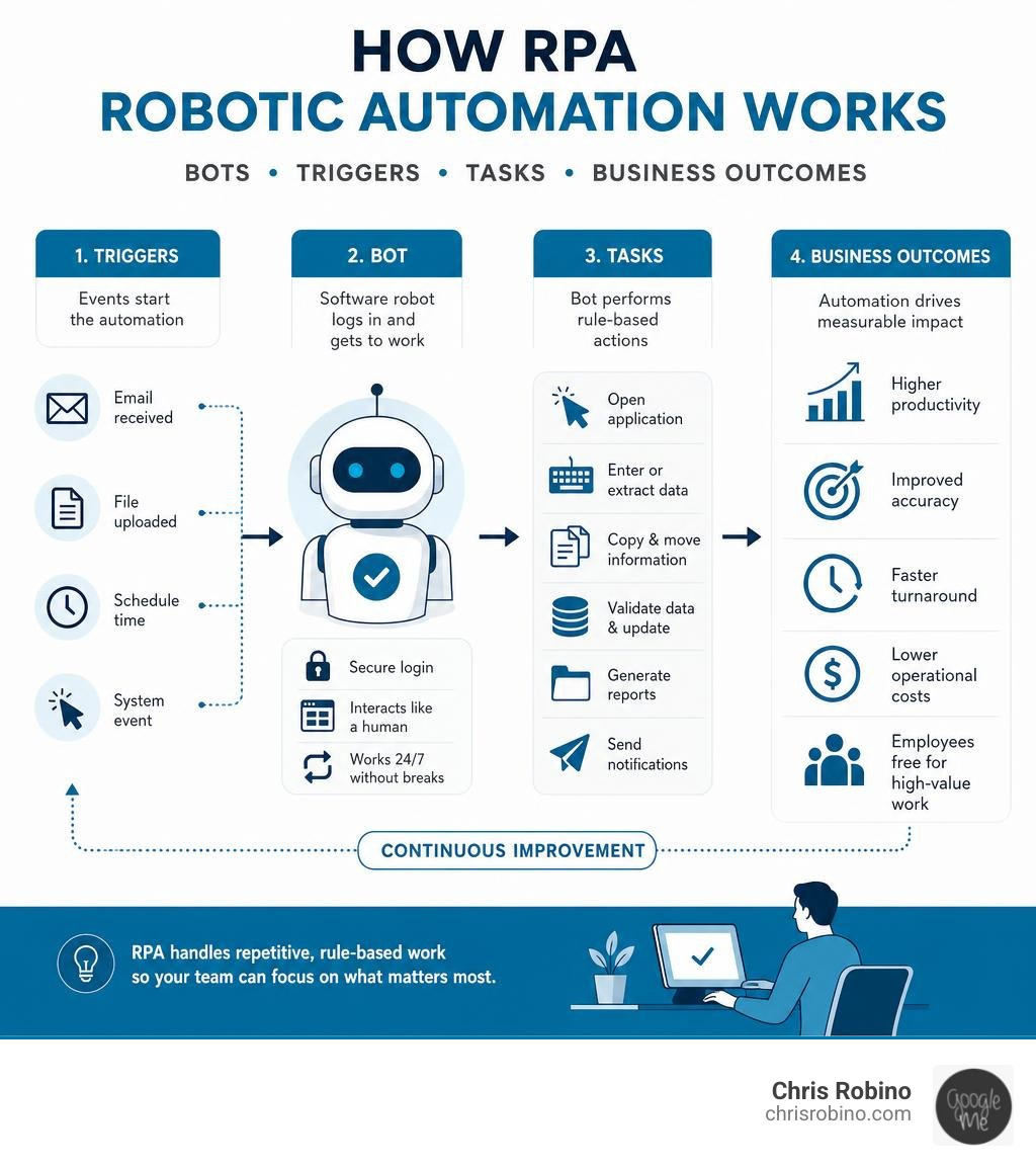 How RPA robotic automation works: bots, triggers, tasks, and business outcomes infographic infographic