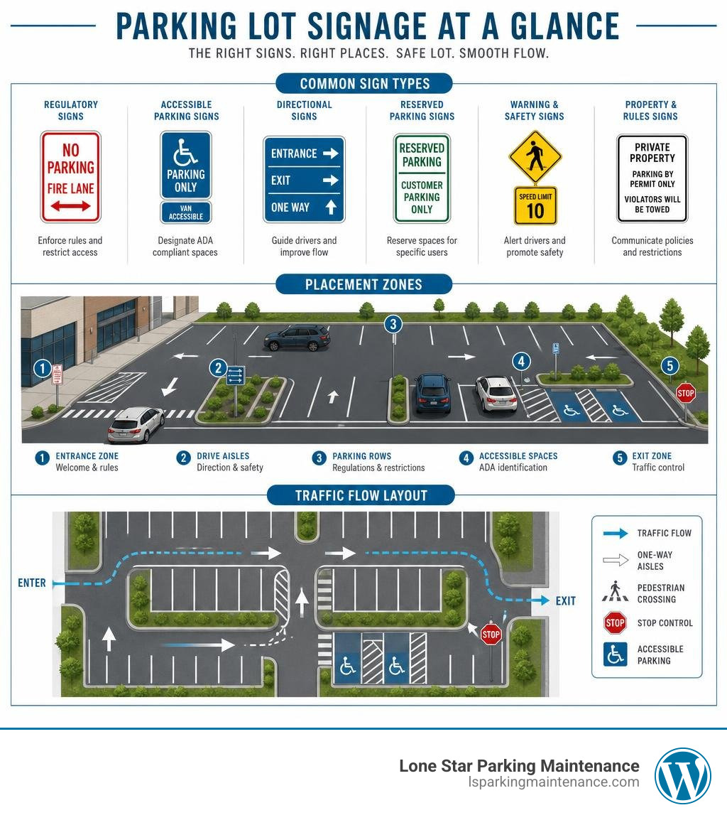 Common parking lot sign types, placement zones, and traffic flow layout infographic infographic Common parking lot sign types, placement zones, and traffic flow layout infographic infographic