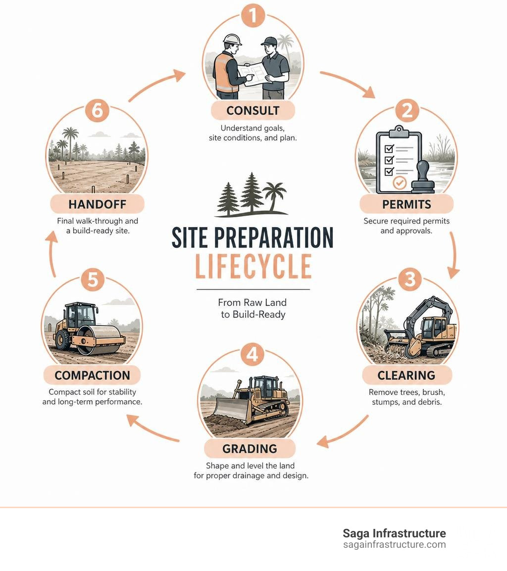 Site preparation lifecycle infographic: consult, permits, clearing, grading, compaction, handoff infographic