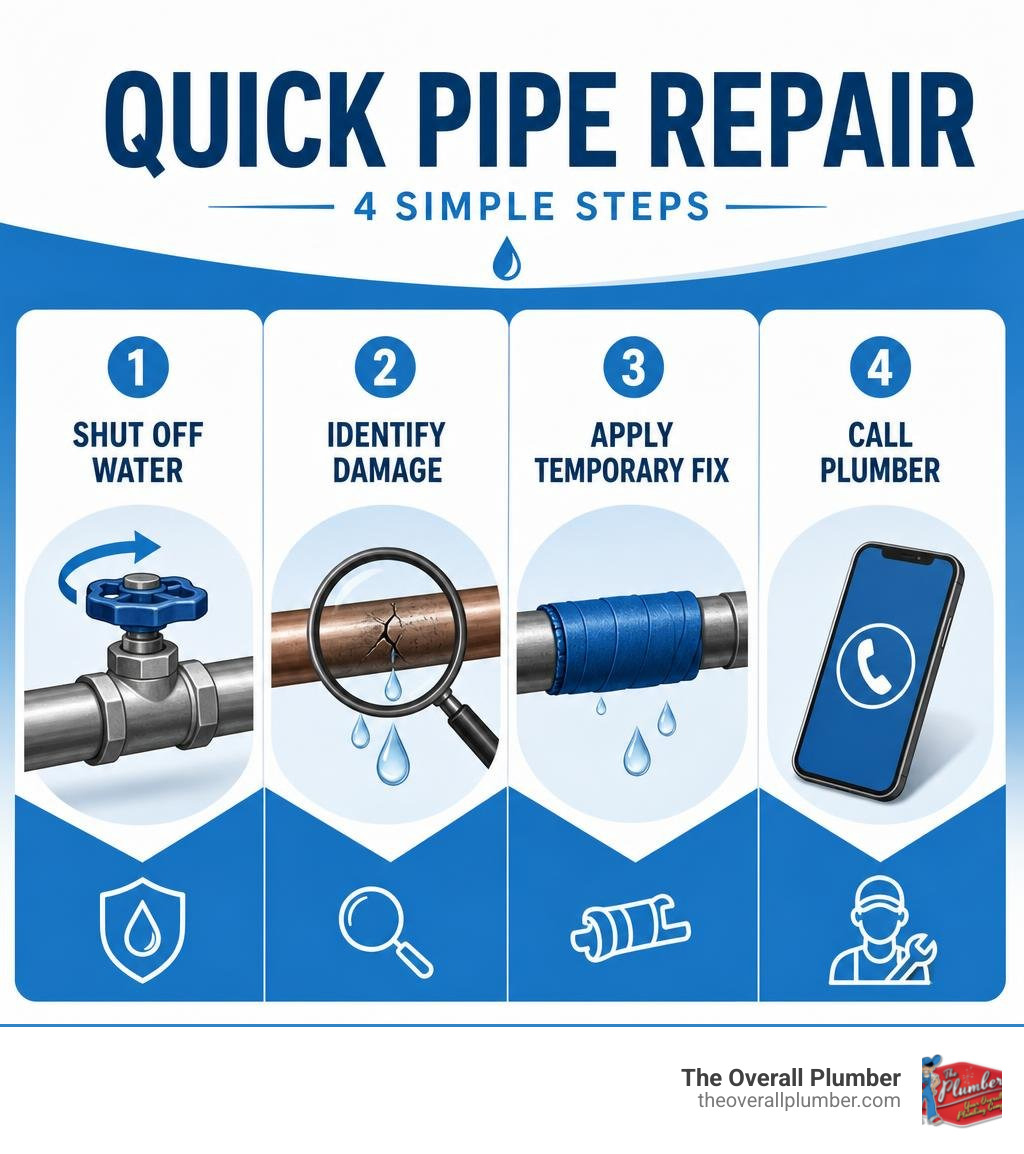 Quick pipe repair steps infographic: shut off water, identify damage, apply temporary fix, call plumber infographic Quick pipe repair steps infographic: shut off water, identify damage, apply temporary fix, call plumber infographic