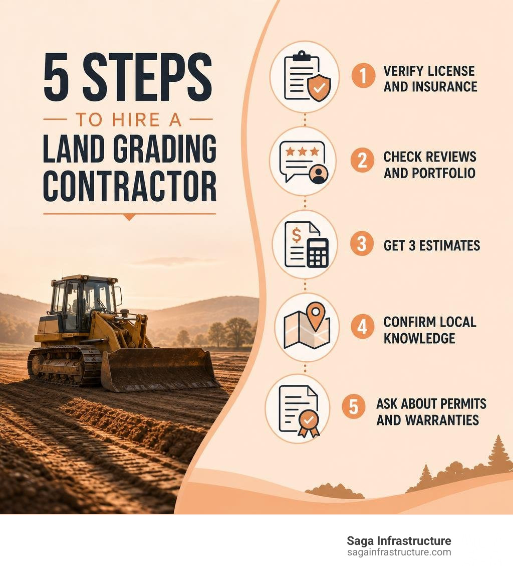 Infographic showing 5 steps to hire a land grading contractor: verify license and insurance, check reviews and portfolio