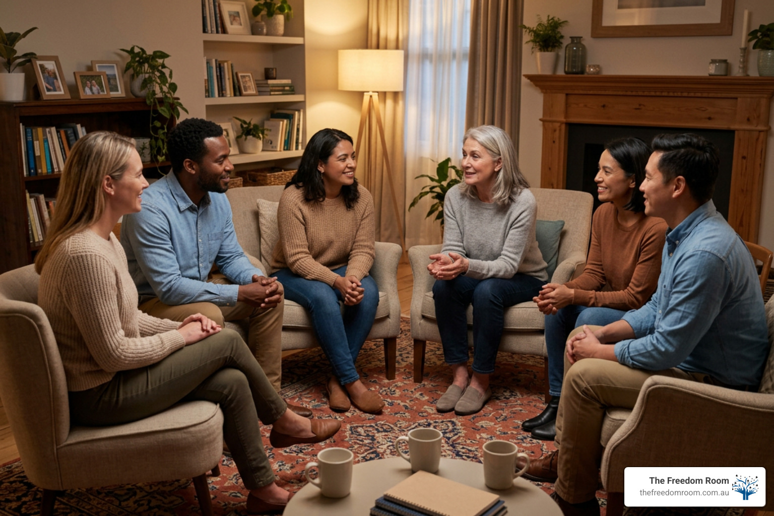 A supportive group of people sitting in a circle sharing experiences in a warm room A supportive group of people sitting in a circle sharing experiences in a warm room