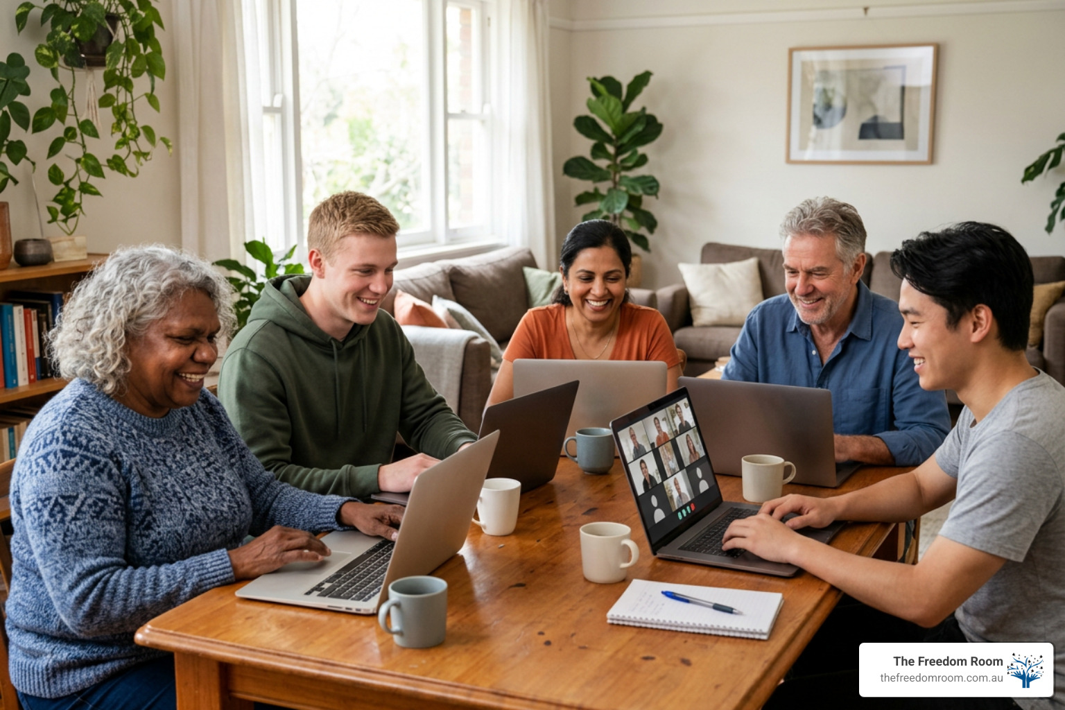 Diverse group of Australians smiling during a virtual peer support meeting Diverse group of Australians smiling during a virtual peer support meeting