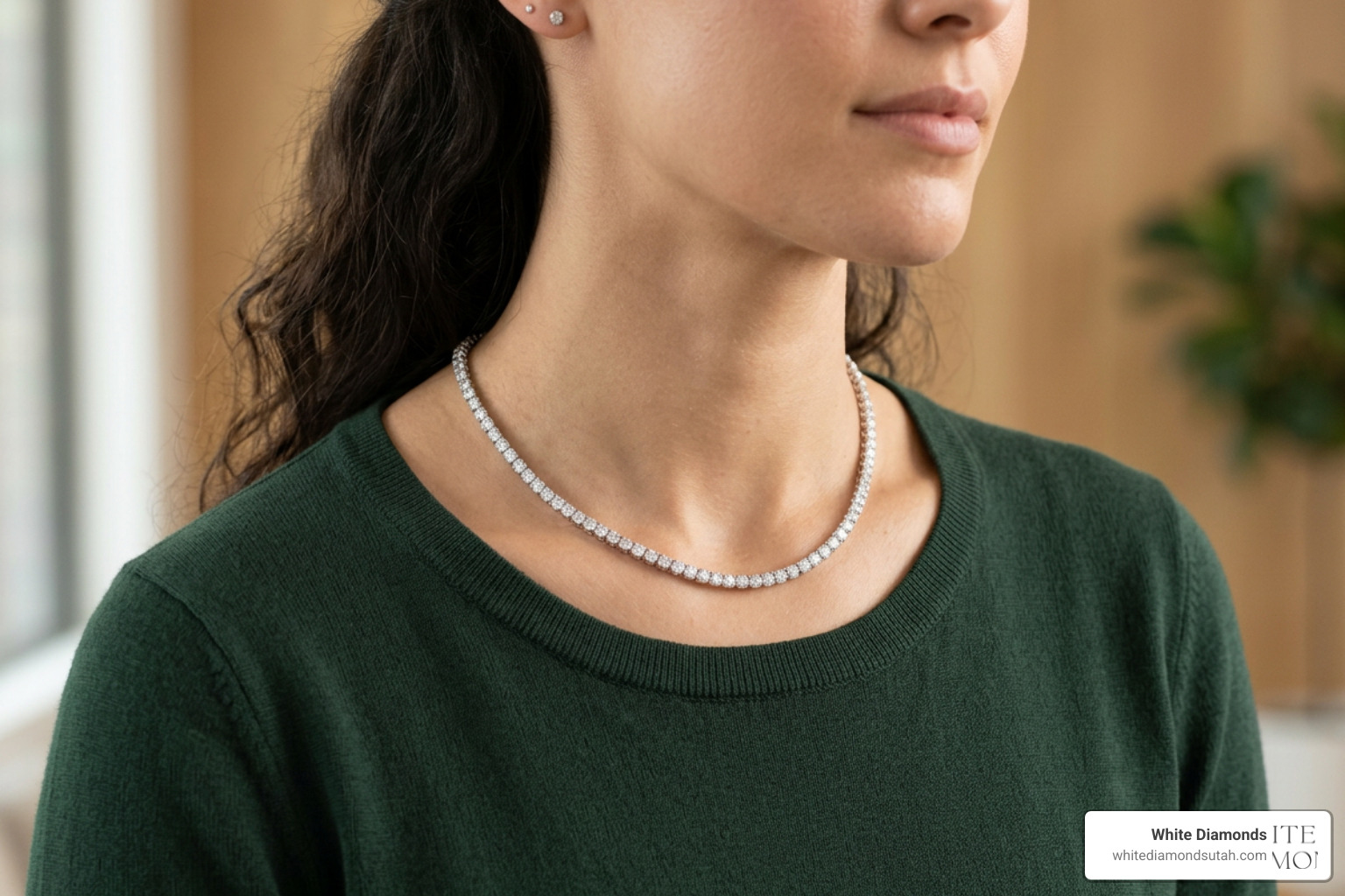 Styled 14 inch tennis necklace showing collarbone placement