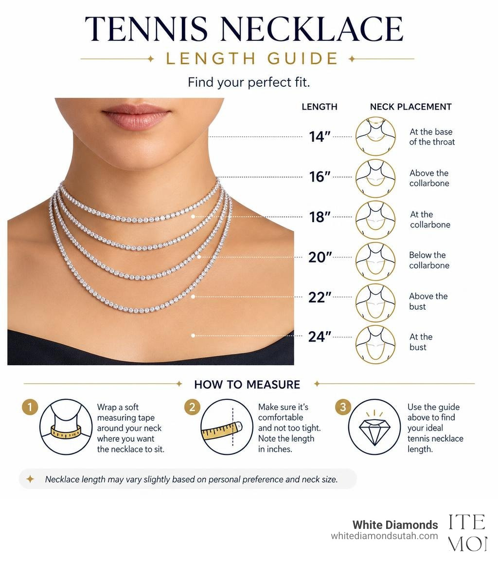 Infographic showing tennis necklace lengths from 14 to 24 inches with neck placement and sizing guide infographic