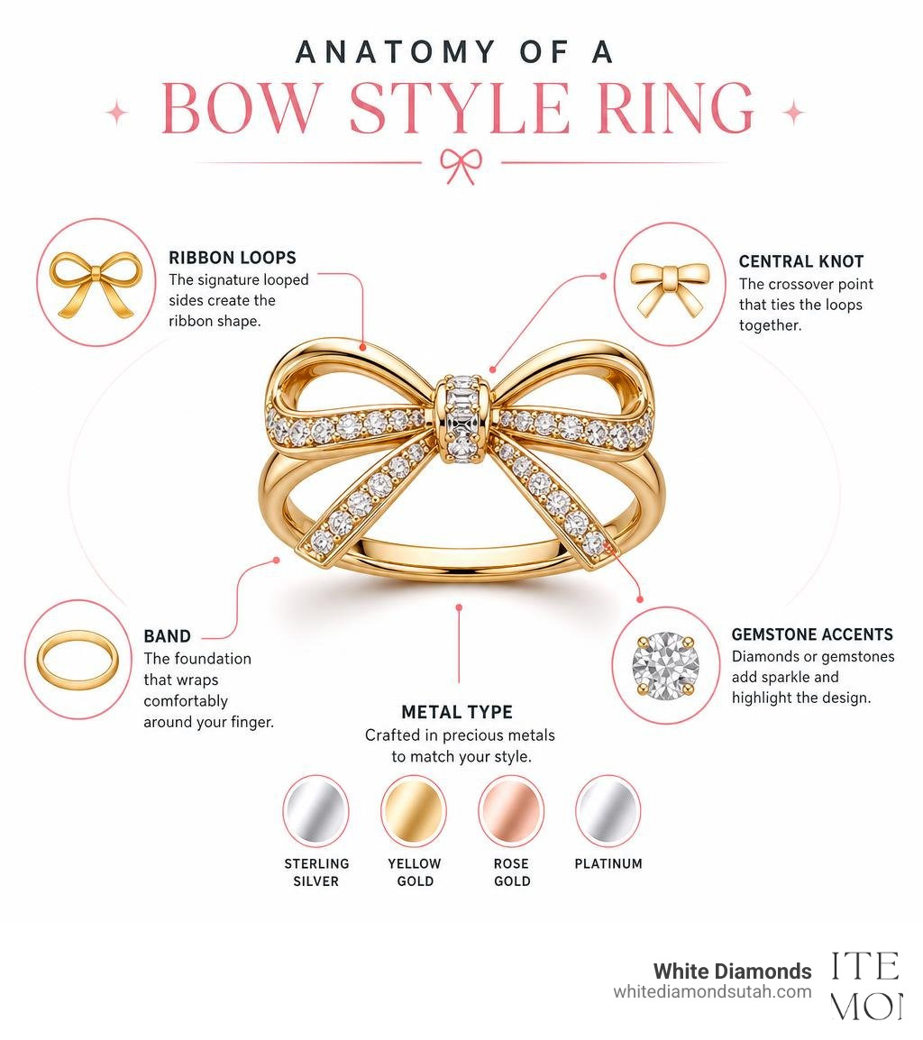 Anatomy of a bow style ring infographic: ribbon loops, central knot, band, gemstone accents, metal type infographic