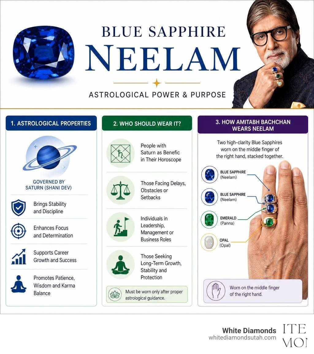 Infographic showing Blue Sapphire Neelam astrological properties, who should wear it, and how Amitabh Bachchan wears it Infographic showing Blue Sapphire Neelam astrological properties, who should wear it, and how Amitabh Bachchan wears it