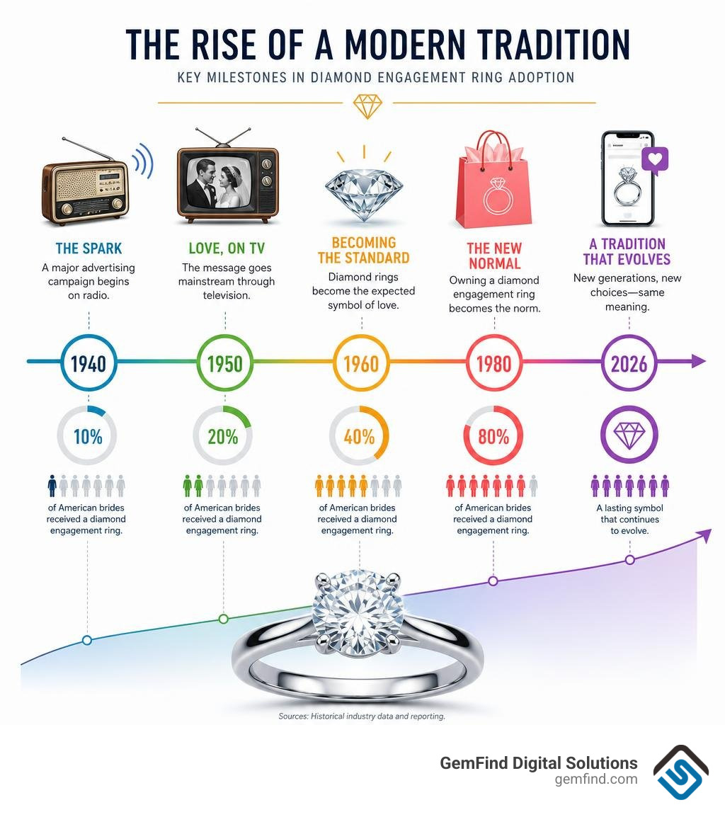 Timeline infographic of diamond engagement ring adoption from 1940 to 2026, showing key milestones infographic