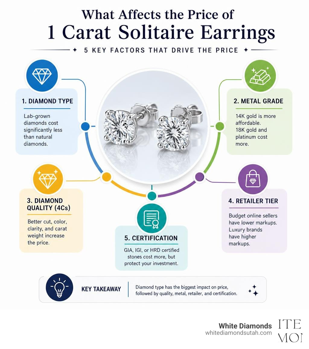 Infographic showing 1 carat solitaire earring price factors including diamond type metal grade and retailer tier infographic