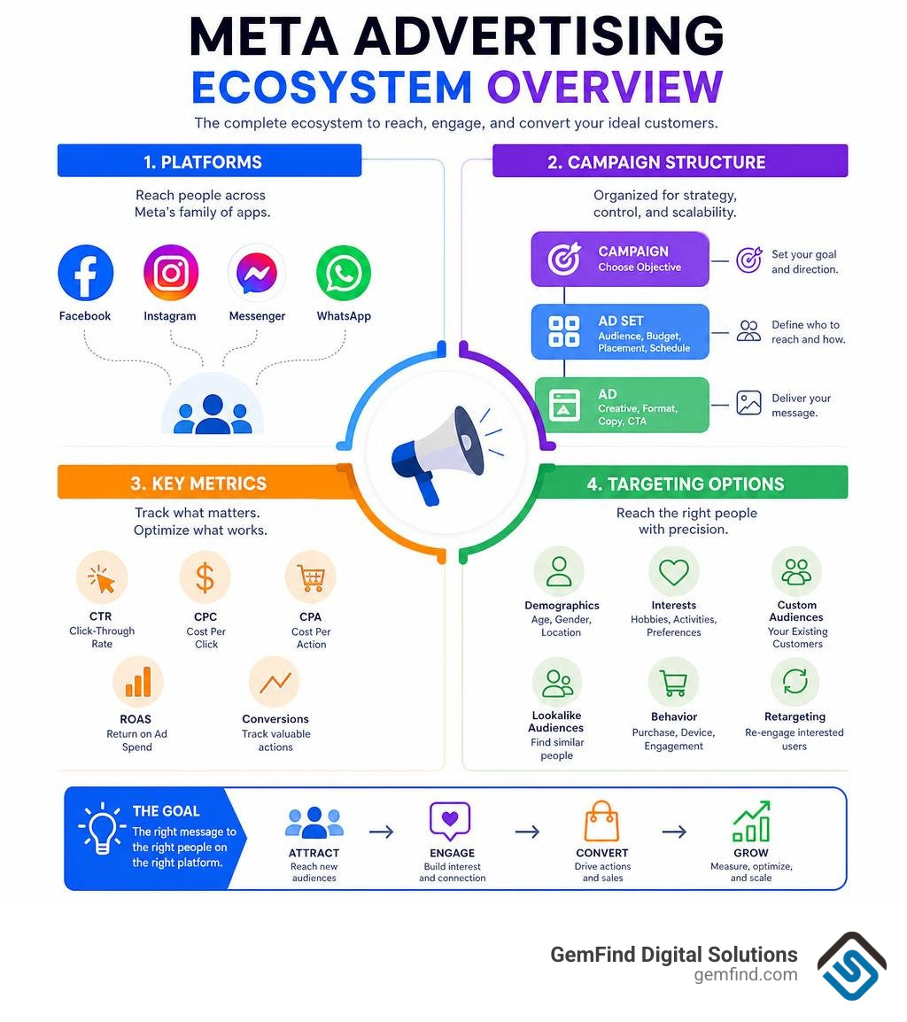 Meta advertising ecosystem overview infographic showing platforms, campaign structure, key metrics, and targeting options Meta advertising ecosystem overview infographic showing platforms, campaign structure, key metrics, and targeting options