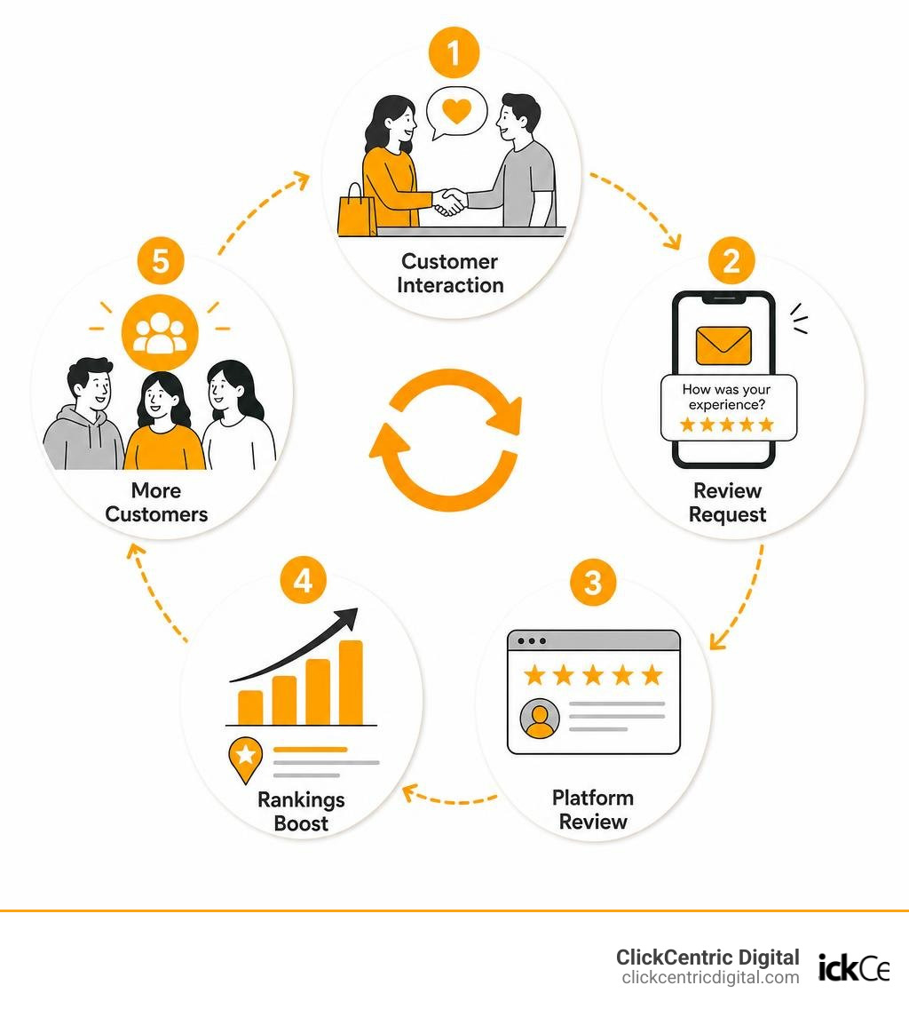 Review generation lifecycle: customer interaction → review request → platform review → rankings boost → more customers