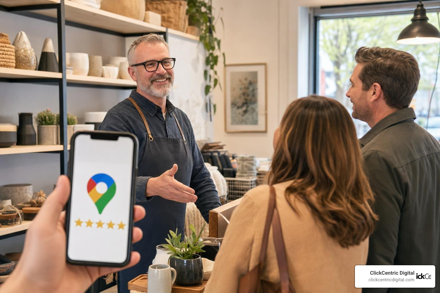 A successful local business owner in West Michigan greeting happy customers with high Google ratings displayed on a
