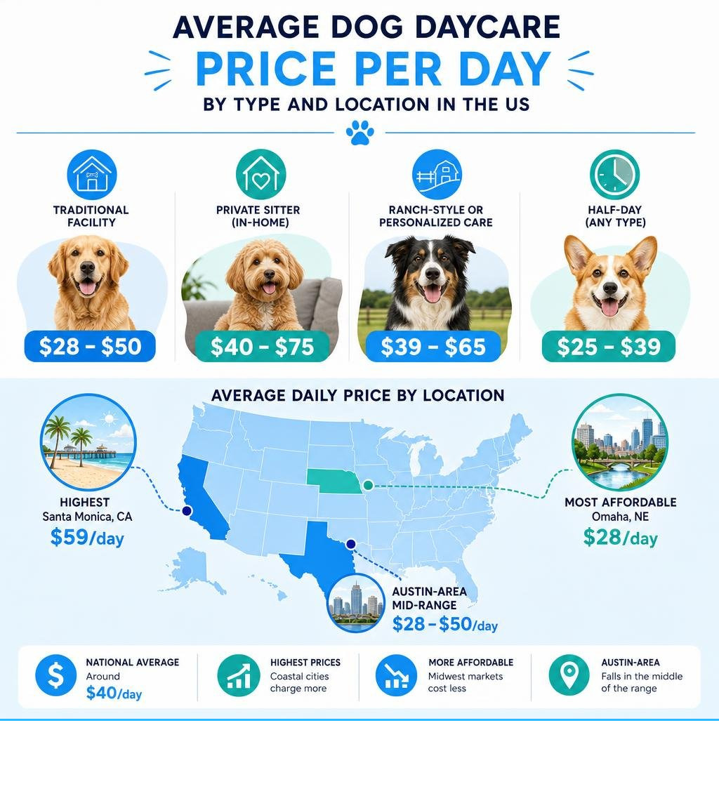 Infographic showing average dog daycare price per day by type and location in the US infographic Infographic showing average dog daycare price per day by type and location in the US infographic
