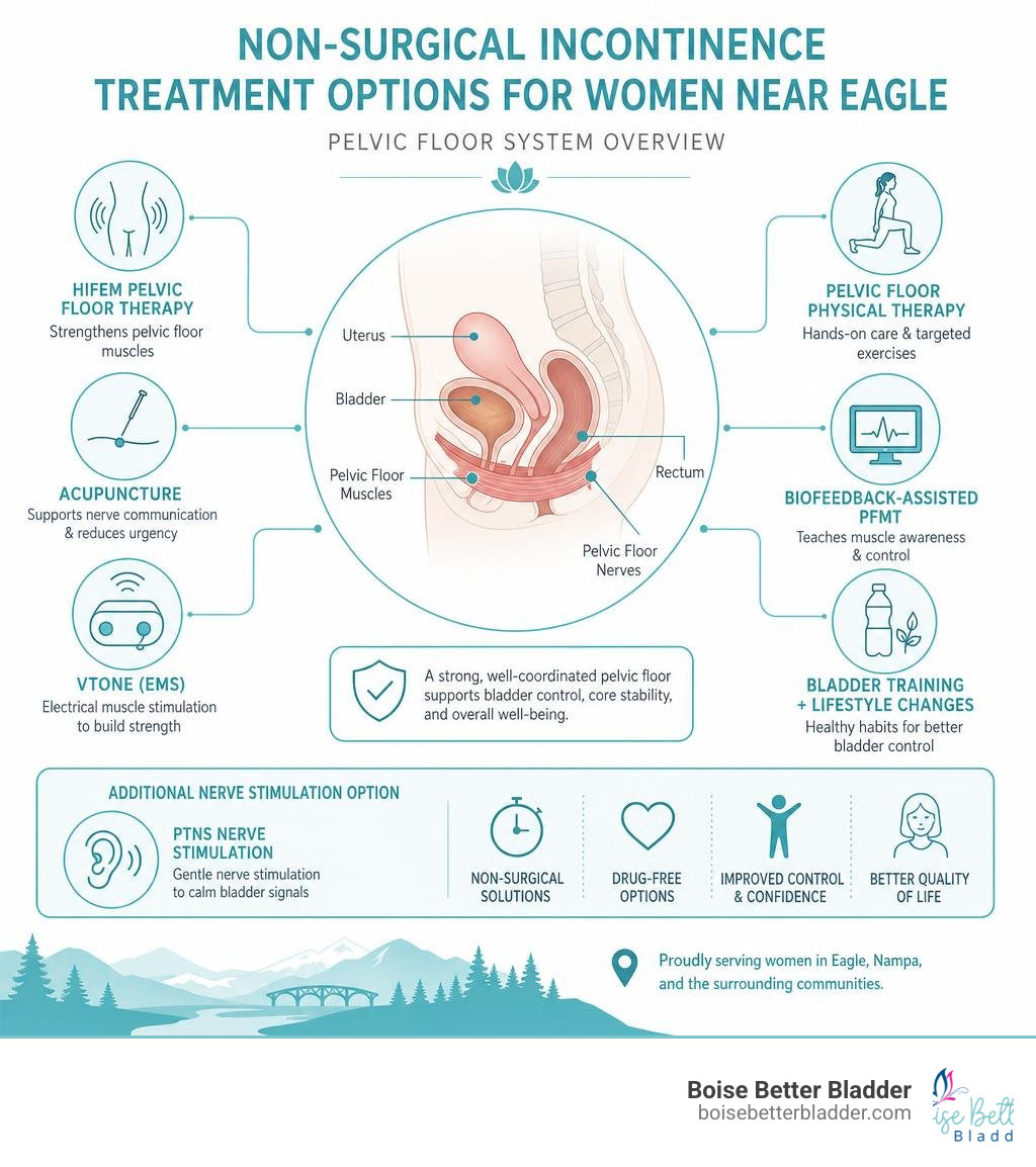 Non-surgical incontinence treatment options for women near Eagle — pelvic floor system overview infographic infographic