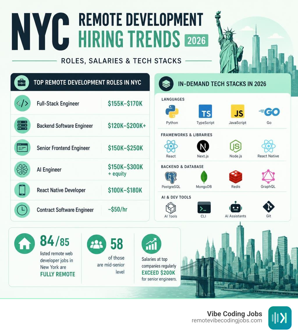 NYC remote development hiring trends infographic showing roles, salaries, and tech stacks in 2026 infographic