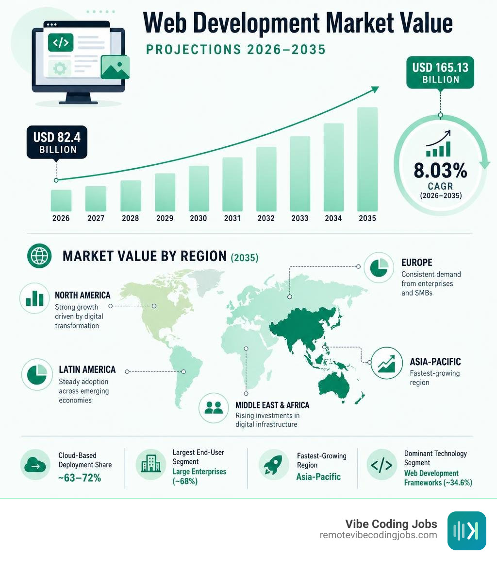 Web development market value projections from 2026 to 2035 with CAGR and regional breakdown infographic