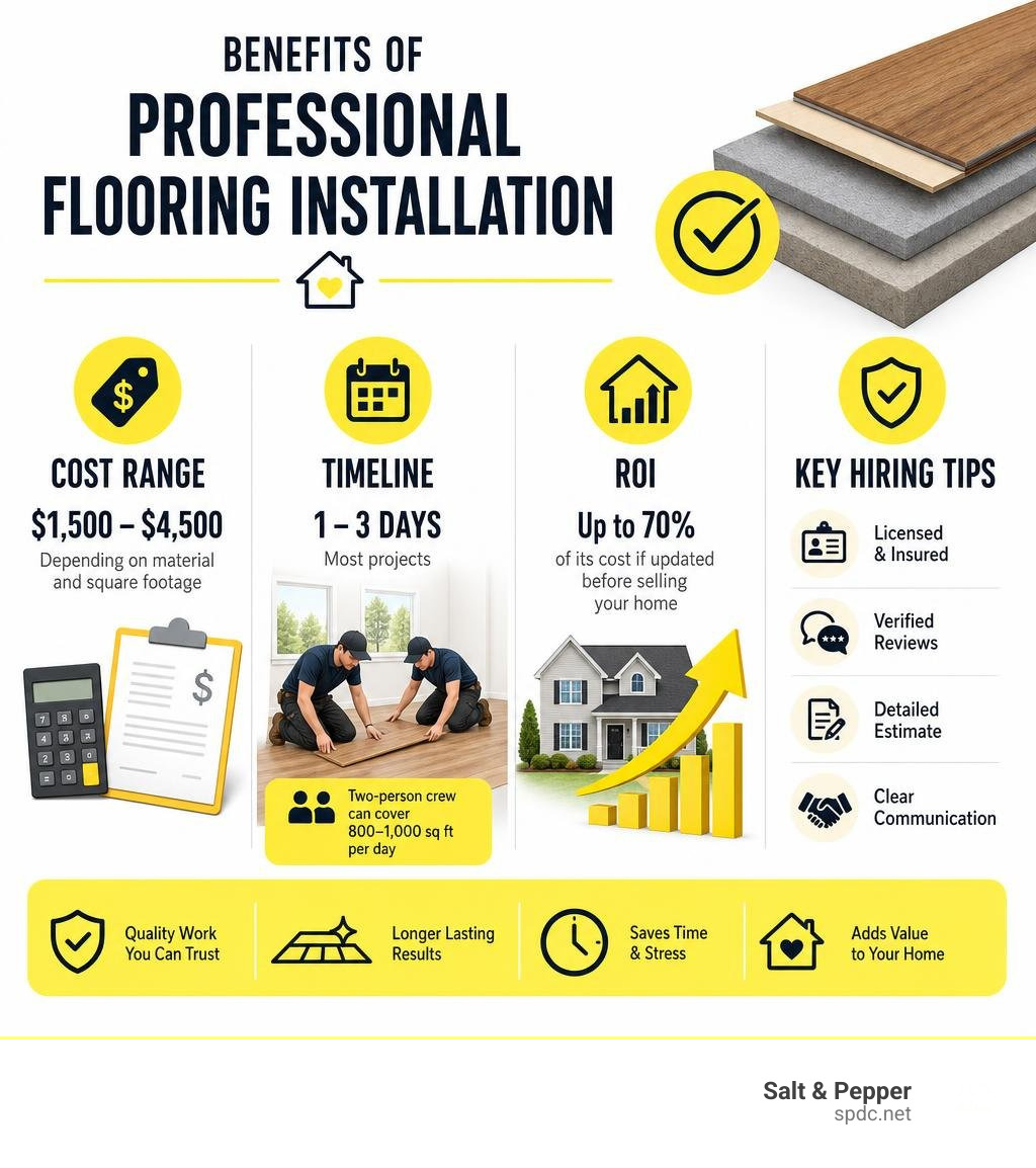Benefits of professional flooring installation: cost range, timeline, ROI, and key hiring tips infographic Benefits of professional flooring installation: cost range, timeline, ROI, and key hiring tips infographic