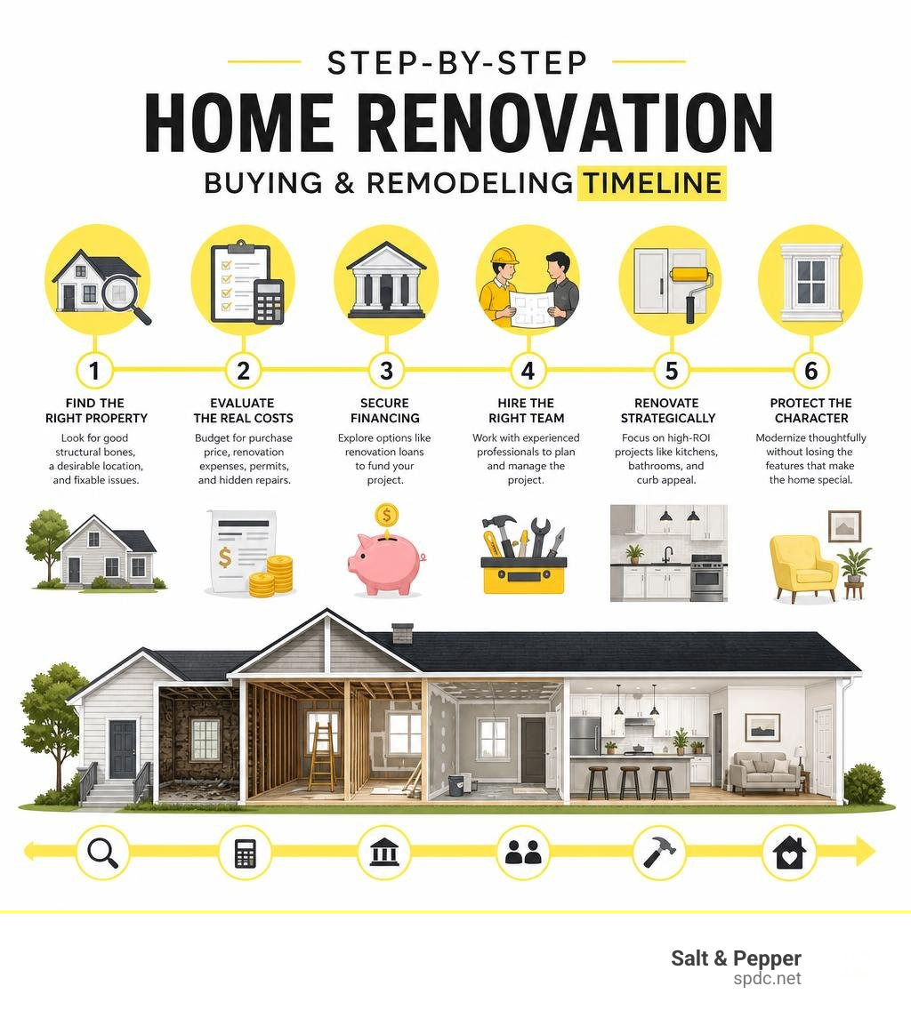 Step-by-step home renovation buying and remodeling timeline infographic infographic