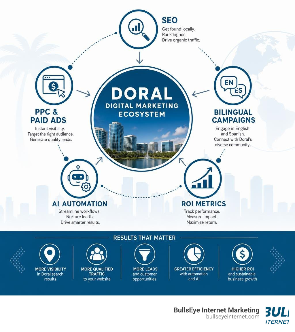 Doral digital marketing ecosystem infographic showing SEO, PPC, bilingual campaigns, AI automation, and ROI metrics
