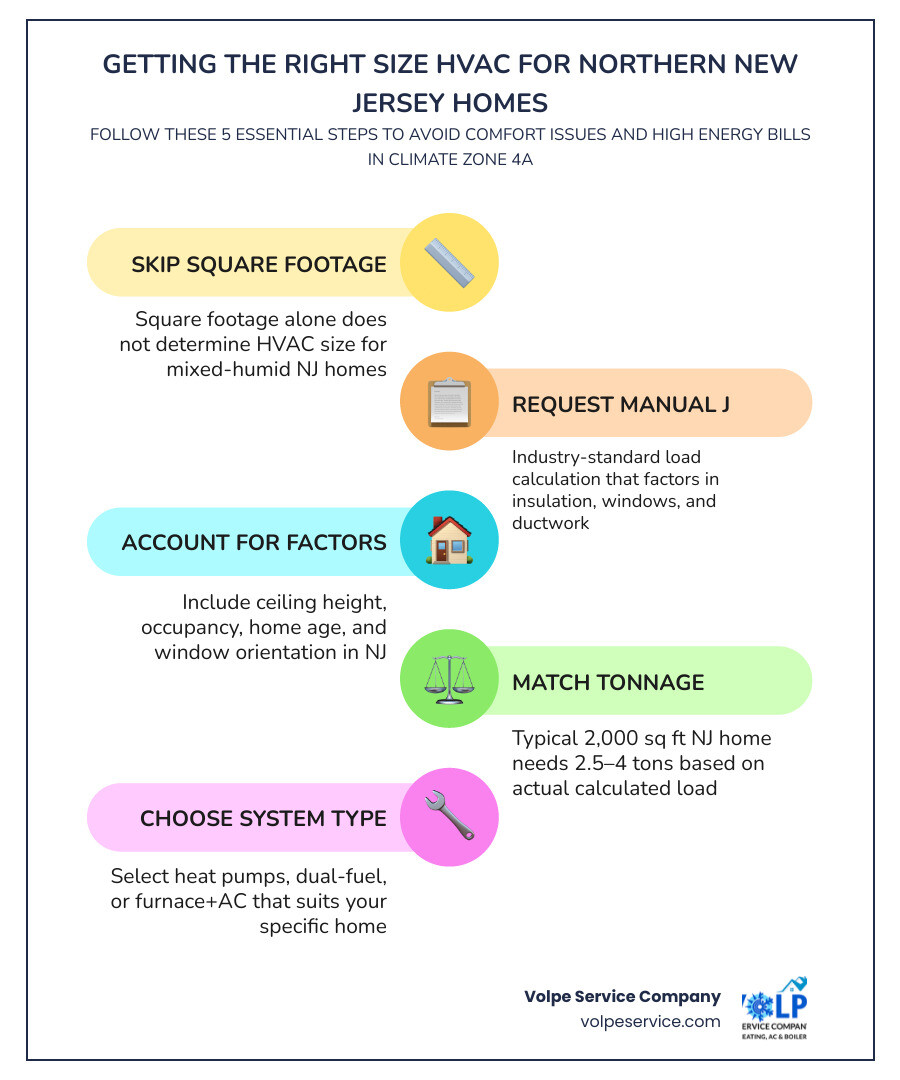 Infographic showing HVAC sizing factors for Northern New Jersey homes including climate zone, insulation, square footage Infographic showing HVAC sizing factors for Northern New Jersey homes including climate zone, insulation, square footage