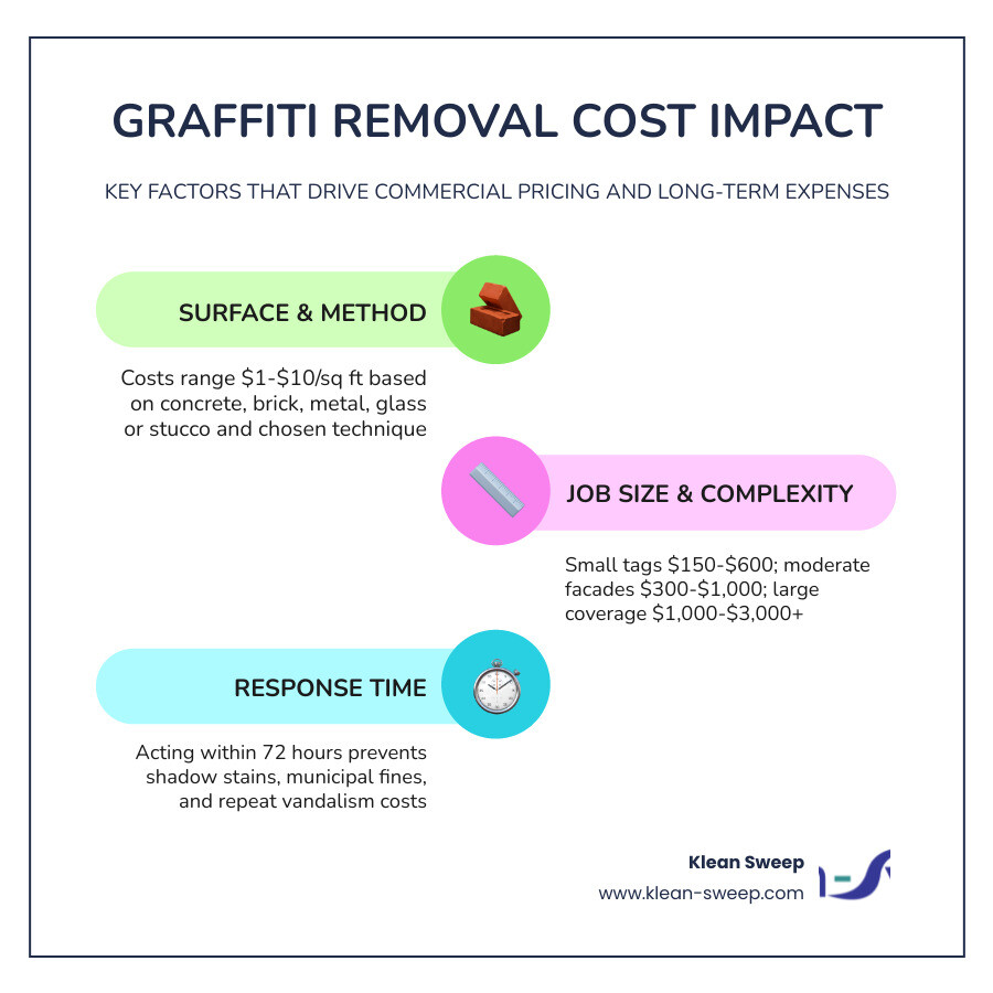 Infographic showing commercial graffiti removal cost ranges by job size and surface type infographic Infographic showing commercial graffiti removal cost ranges by job size and surface type infographic