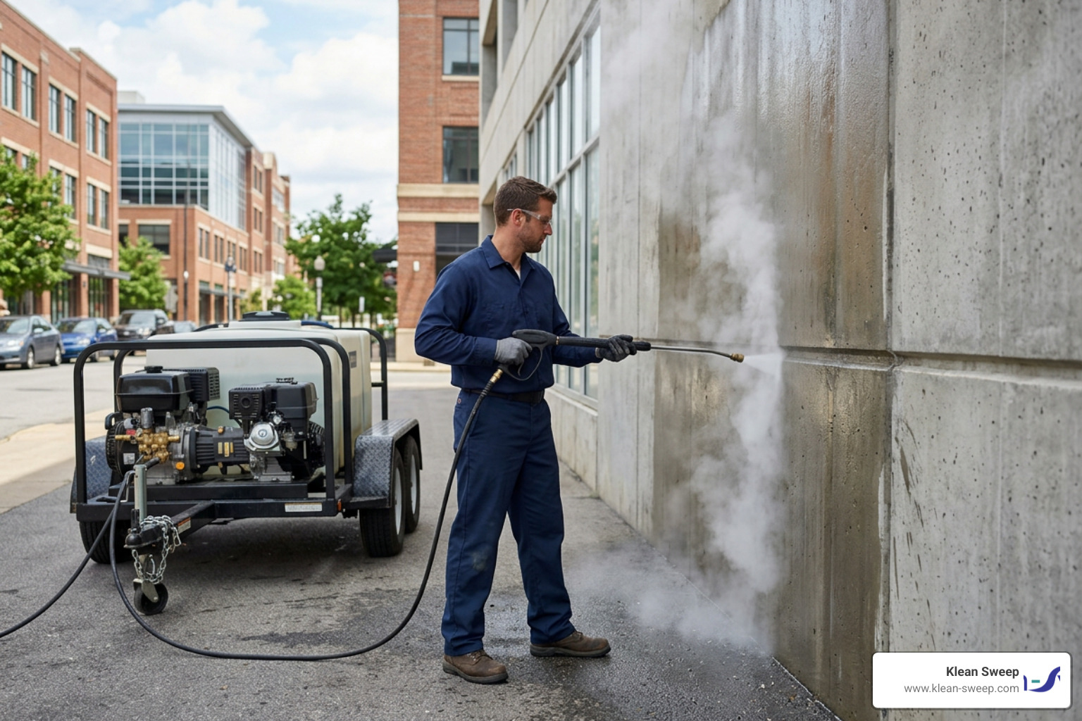 steam cleaning a concrete wall of a commercial building by worker in blue uniform steam cleaning a concrete wall of a commercial building by worker in blue uniform